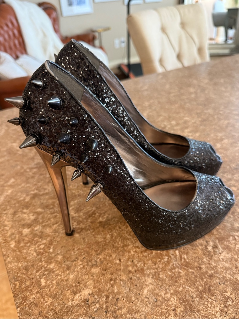 Black Glitter Spike Peep-Toe Stiletto Heels